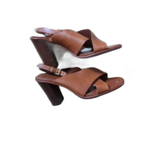 Lauren Ralph Lauren Olessia Crisscross Leather Brown Leather Tan Block Heels 8B - Picture 1 of 11